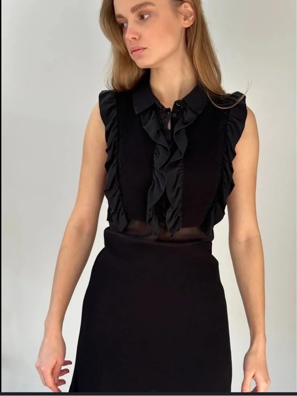 Sandro Black Ruffle-Front Sleeveless Top